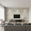 Einstein Geometric Transitional Geometric - Metallic Gold and Metallic Silver | Architectural Wallcoverings - Living Room Visualization (AI-generated, may not be to scale. Verify pattern scale with product specifications.)