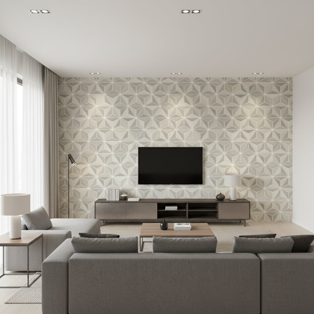 Einstein Geometric Transitional Geometric - Metallic Gold and Metallic Silver | Architectural Wallcoverings - Living Room Visualization (AI-generated, may not be to scale. Verify pattern scale with product specifications.)