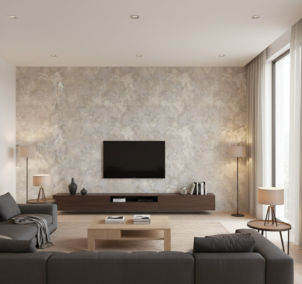 Newton Texture Transitional Abstract - Greige | Architectural Wallcoverings - Living Room Visualization (AI-generated, may not be to scale. Verify pattern scale with product specifications.)