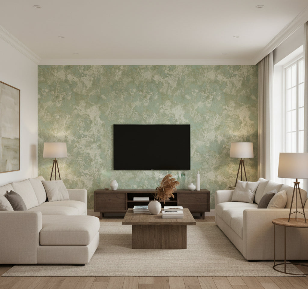 Newton Texture Transitional Abstract - Off-White and Mint | Architectural Wallcoverings - Living Room Visualization (AI-generated, may not be to scale. Verify pattern scale with product specifications.)