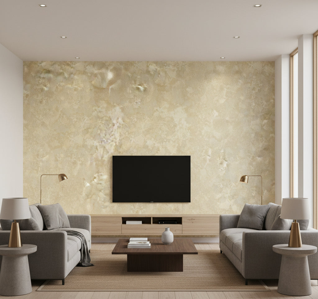 Newton Texture Transitional Abstract - Metallic Gold and Off-White | Architectural Wallcoverings - Living Room Visualization (AI-generated, may not be to scale. Verify pattern scale with product specifications.)