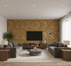 Newton Texture Transitional Abstract - Metallic Gold and Tan | Architectural Wallcoverings - Living Room Visualization (AI-generated, may not be to scale. Verify pattern scale with product specifications.)