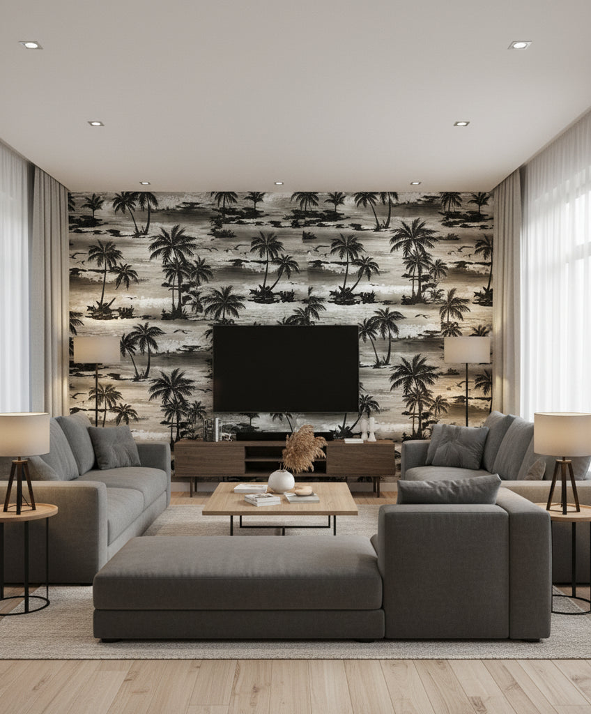 Moseley Palm Trees Transitional Palm - Black and Grey | Architectural Wallcoverings - Living Room Visualization (AI-generated, may not be to scale. Verify pattern scale with product specifications.)