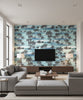 Moseley Palm Trees Transitional Palm - Black and Blue | Architectural Wallcoverings - Living Room Visualization (AI-generated, may not be to scale. Verify pattern scale with product specifications.)