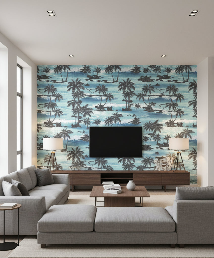 Moseley Palm Trees Transitional Palm - Black and Blue | Architectural Wallcoverings - Living Room Visualization (AI-generated, may not be to scale. Verify pattern scale with product specifications.)