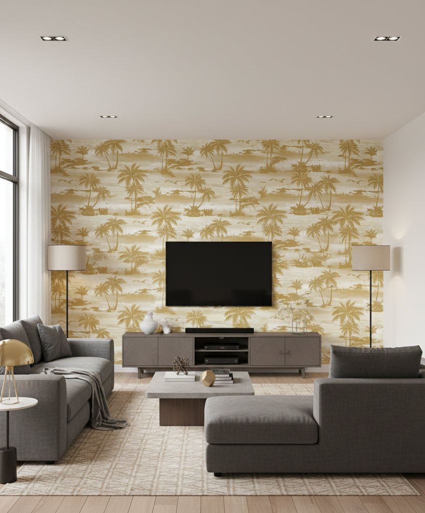 Moseley Palm Trees Transitional Palm - Off-White and Gold | Architectural Wallcoverings - Living Room Visualization (AI-generated, may not be to scale. Verify pattern scale with product specifications.)