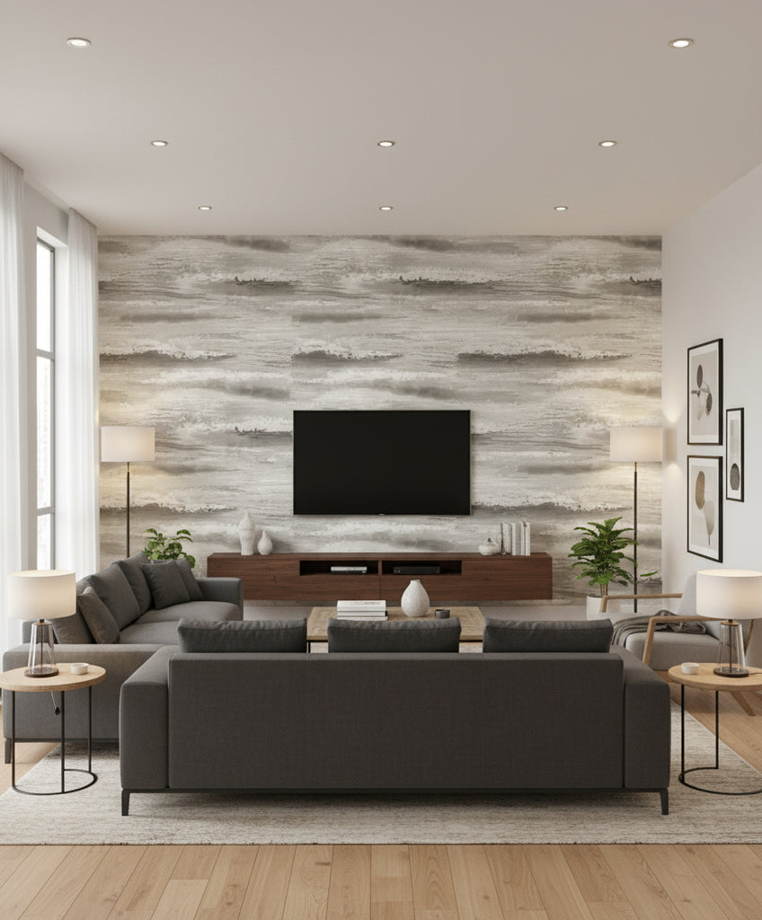Moseley Waves Transitional Abstract - Grey | Architectural Wallcoverings - Living Room Visualization (AI-generated, may not be to scale. Verify pattern scale with product specifications.)