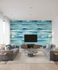 Moseley Waves Transitional Abstract - Metallic Blue and White | Architectural Wallcoverings - Living Room Visualization (AI-generated, may not be to scale. Verify pattern scale with product specifications.)