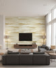 Moseley Waves Transitional Abstract - Metallic Gold and Off-White | Architectural Wallcoverings - Living Room Visualization (AI-generated, may not be to scale. Verify pattern scale with product specifications.)
