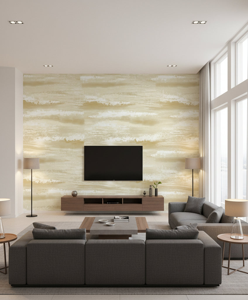 Moseley Waves Transitional Abstract - Metallic Gold and Off-White | Architectural Wallcoverings - Living Room Visualization (AI-generated, may not be to scale. Verify pattern scale with product specifications.)