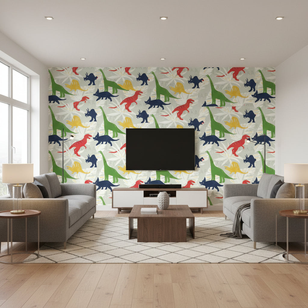 Pack Party Kids/Nursery Animal Print - Multicolored | Architectural Wallcoverings - Living Room Visualization (AI-generated, may not be to scale. Verify pattern scale with product specifications.)