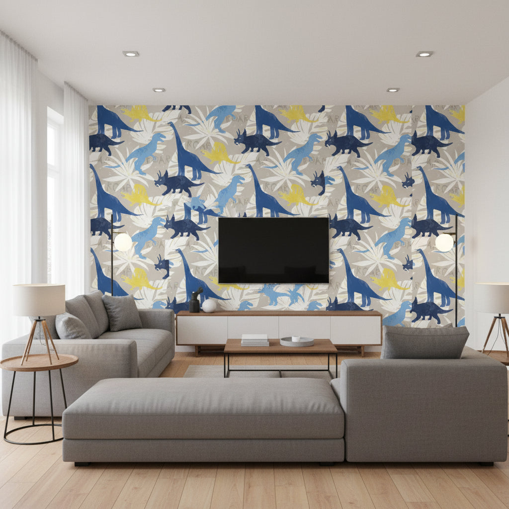 Pack Party Kids/Nursery Animal Print - Blue and Yellow | Architectural Wallcoverings - Living Room Visualization (AI-generated, may not be to scale. Verify pattern scale with product specifications.)