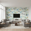 Pack Party Kids/Nursery Animal Print - Green, Blue, and Yellow | Architectural Wallcoverings - Living Room Visualization (AI-generated, may not be to scale. Verify pattern scale with product specifications.)