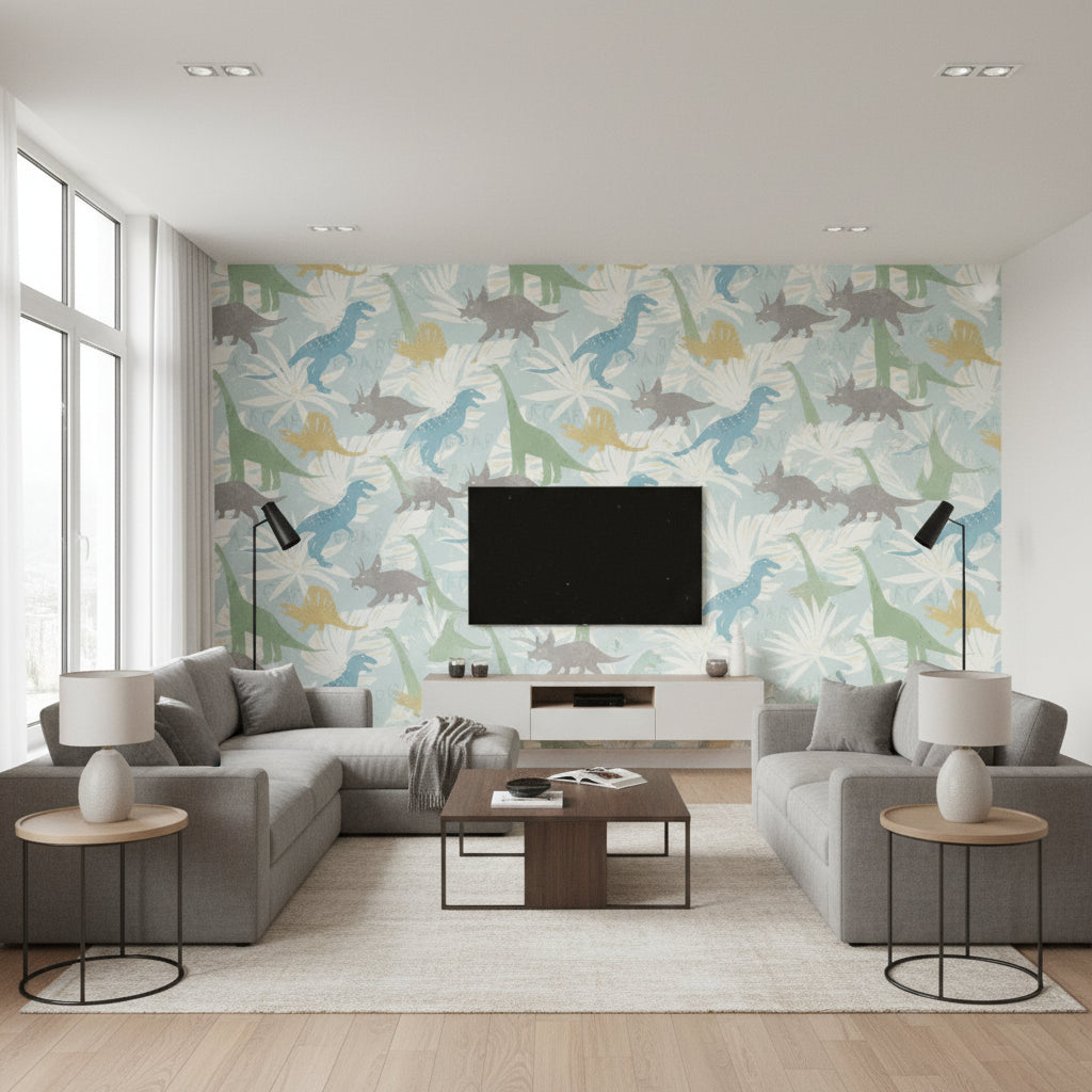 Pack Party Kids/Nursery Animal Print - Green, Blue, and Yellow | Architectural Wallcoverings - Living Room Visualization (AI-generated, may not be to scale. Verify pattern scale with product specifications.)