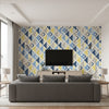 Dino Peak Kids/Nursery Geometric - Blue, Gray, and Gold | Architectural Wallcoverings - Living Room Visualization (AI-generated, may not be to scale. Verify pattern scale with product specifications.)