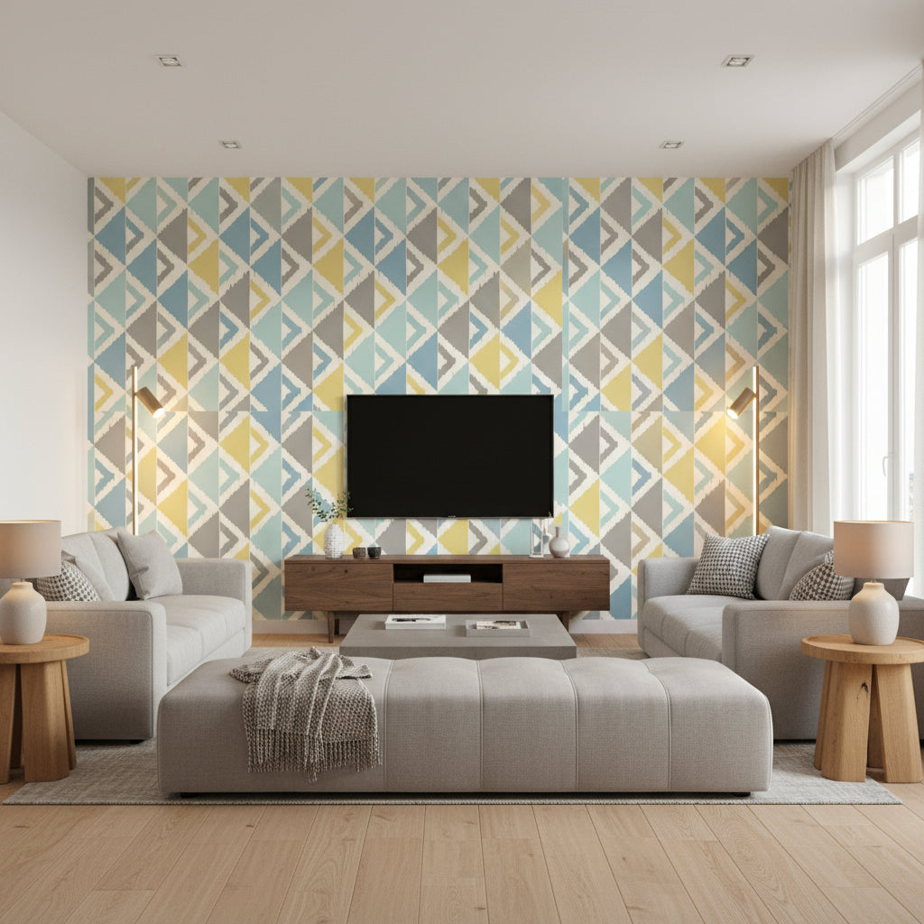 Dino Peak Kids/Nursery Geometric - Light Blue, Gray, and Gold | Architectural Wallcoverings - Living Room Visualization (AI-generated, may not be to scale. Verify pattern scale with product specifications.)