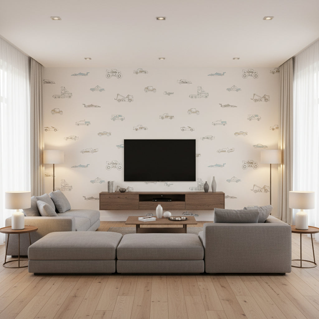 Traffic Jam Kids/Nursery Illustration - Blue and Gray | Architectural Wallcoverings - Living Room Visualization (AI-generated, may not be to scale. Verify pattern scale with product specifications.)