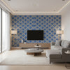 Racetrack Ogee Kids/Nursery Ogee - Charcoal and Royal Blue | Architectural Wallcoverings - Living Room Visualization (AI-generated, may not be to scale. Verify pattern scale with product specifications.)