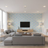 Racetrack Ogee Kids/Nursery Ogee - Lime Green and Powder Blue | Architectural Wallcoverings - Living Room Visualization (AI-generated, may not be to scale. Verify pattern scale with product specifications.)