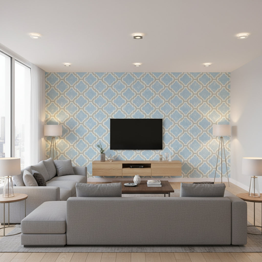 Racetrack Ogee Kids/Nursery Ogee - Lime Green and Powder Blue | Architectural Wallcoverings - Living Room Visualization (AI-generated, may not be to scale. Verify pattern scale with product specifications.)