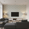 Racetrack Ogee Kids/Nursery Ogee - Gray and Powder Blue | Architectural Wallcoverings - Living Room Visualization (AI-generated, may not be to scale. Verify pattern scale with product specifications.)