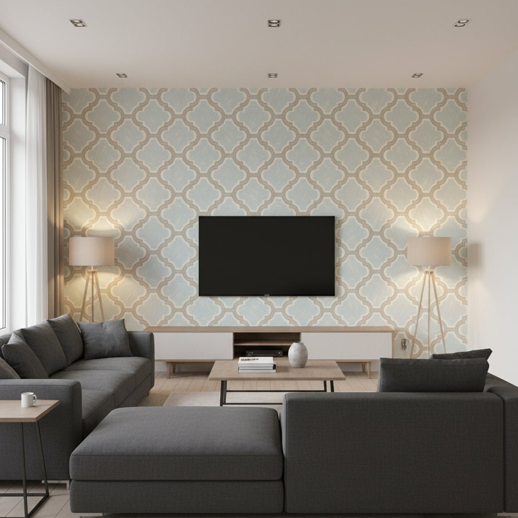 Racetrack Ogee Kids/Nursery Ogee - Gray and Powder Blue | Architectural Wallcoverings - Living Room Visualization (AI-generated, may not be to scale. Verify pattern scale with product specifications.)
