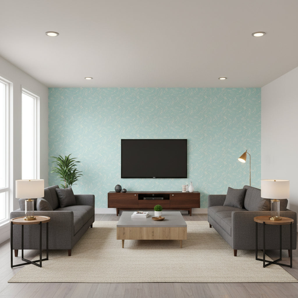 Turf Brushstroke Kids/Nursery Abstract - Baby Blue and White | Architectural Wallcoverings - Living Room Visualization (AI-generated, may not be to scale. Verify pattern scale with product specifications.)