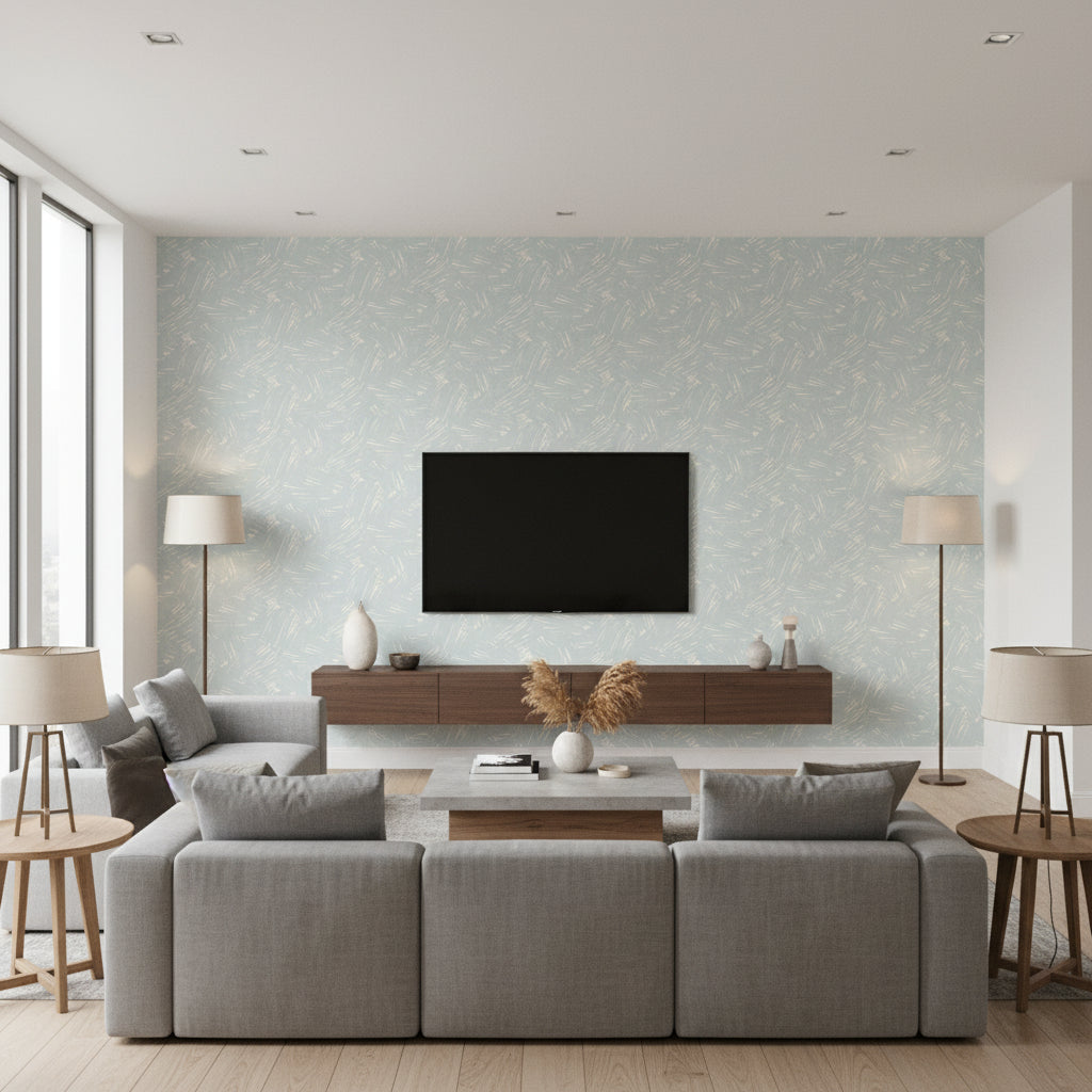 Turf Brushstroke Kids/Nursery Abstract - Powder Blue and White | Architectural Wallcoverings - Living Room Visualization (AI-generated, may not be to scale. Verify pattern scale with product specifications.)