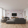 Bon Voyage Kids/Nursery Illustration - Bubblegum and Turquoise | Architectural Wallcoverings - Living Room Visualization (AI-generated, may not be to scale. Verify pattern scale with product specifications.)
