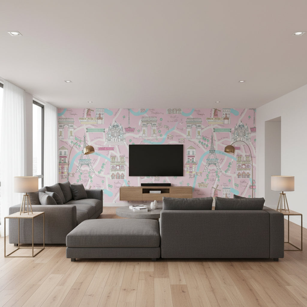 Bon Voyage Kids/Nursery Illustration - Bubblegum and Turquoise | Architectural Wallcoverings - Living Room Visualization (AI-generated, may not be to scale. Verify pattern scale with product specifications.)