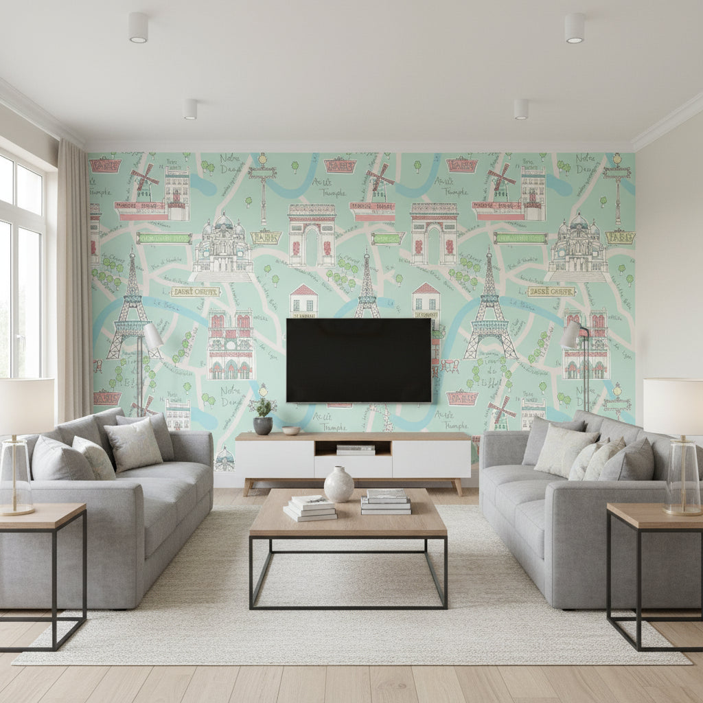 Bon Voyage Kids/Nursery Illustration - Teal and Periwinkle | Architectural Wallcoverings - Living Room Visualization (AI-generated, may not be to scale. Verify pattern scale with product specifications.)