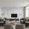 Bon Voyage Kids/Nursery Illustration - Lilac and Turquoise | Architectural Wallcoverings - Living Room Visualization (AI-generated, may not be to scale. Verify pattern scale with product specifications.)