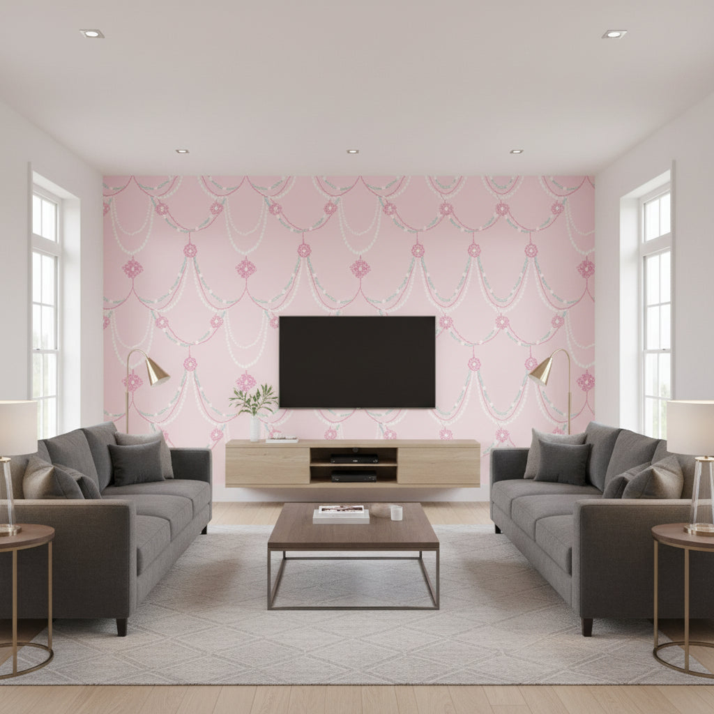 Dressed Up Drape Kids/Nursery Illustration - Blush and Teal | Architectural Wallcoverings - Living Room Visualization (AI-generated, may not be to scale. Verify pattern scale with product specifications.)
