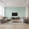Dressed Up Drape Kids/Nursery Illustration - Teal and Periwinkle | Architectural Wallcoverings - Living Room Visualization (AI-generated, may not be to scale. Verify pattern scale with product specifications.)