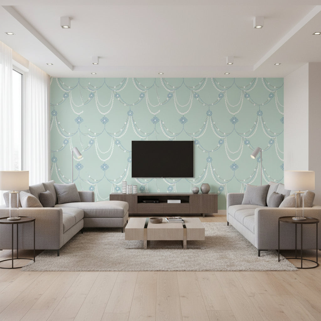 Dressed Up Drape Kids/Nursery Illustration - Teal and Periwinkle | Architectural Wallcoverings - Living Room Visualization (AI-generated, may not be to scale. Verify pattern scale with product specifications.)