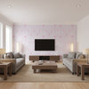 Dressed Up Drape Kids/Nursery Illustration - Lilac and Fuchsia | Architectural Wallcoverings - Living Room Visualization (AI-generated, may not be to scale. Verify pattern scale with product specifications.)
