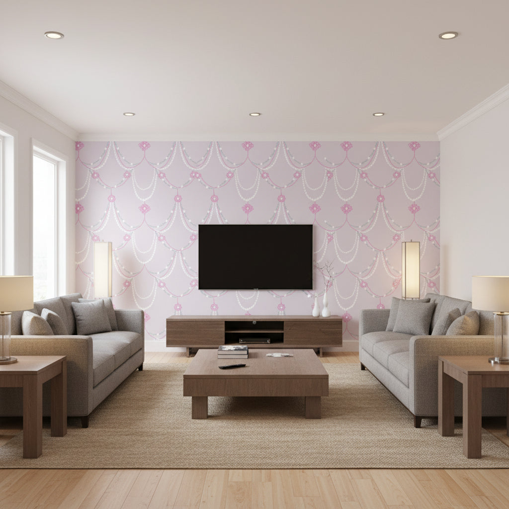 Dressed Up Drape Kids/Nursery Illustration - Lilac and Fuchsia | Architectural Wallcoverings - Living Room Visualization (AI-generated, may not be to scale. Verify pattern scale with product specifications.)