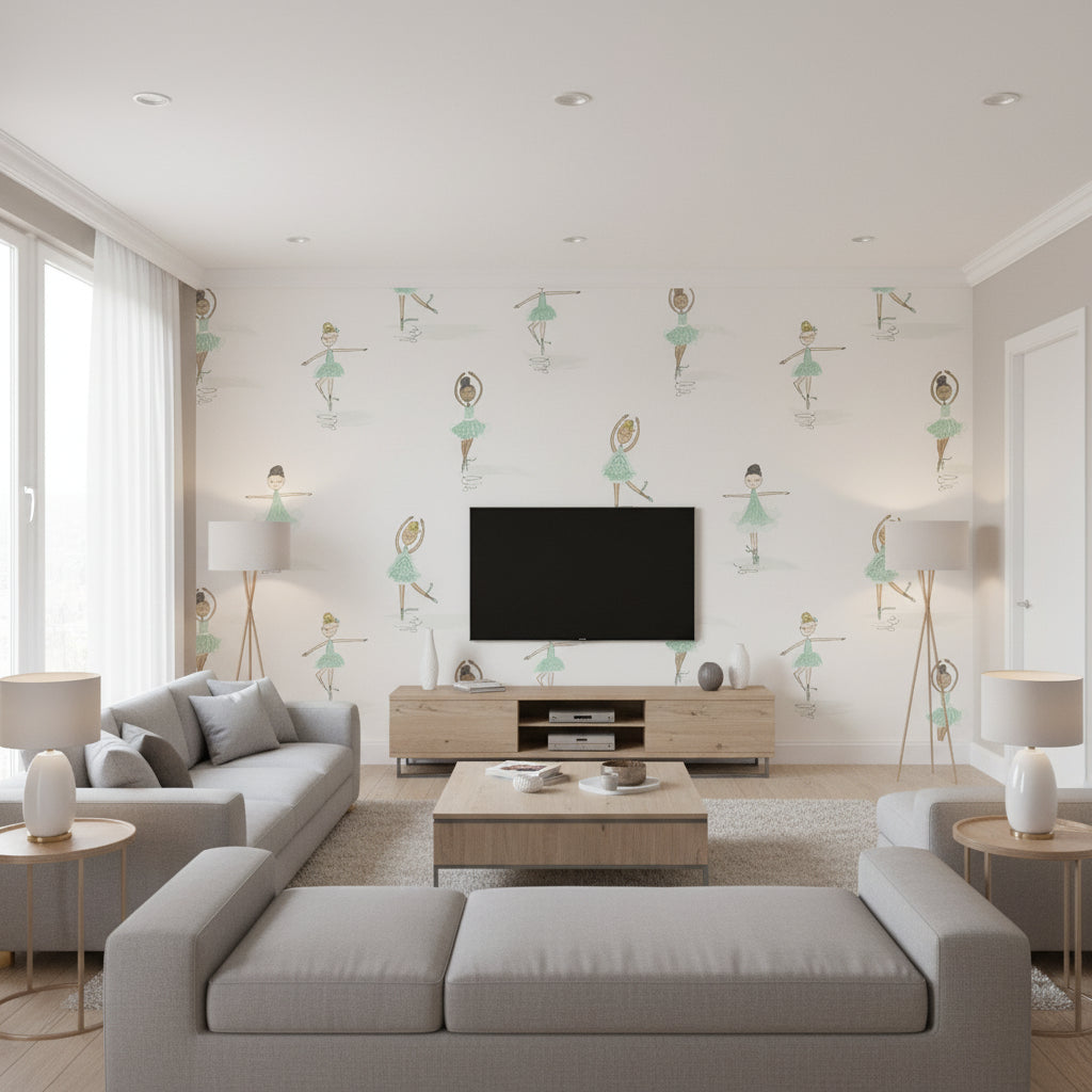 Tiny Dancers Kids/Nursery Illustration - Teal and White | Architectural Wallcoverings - Living Room Visualization (AI-generated, may not be to scale. Verify pattern scale with product specifications.)