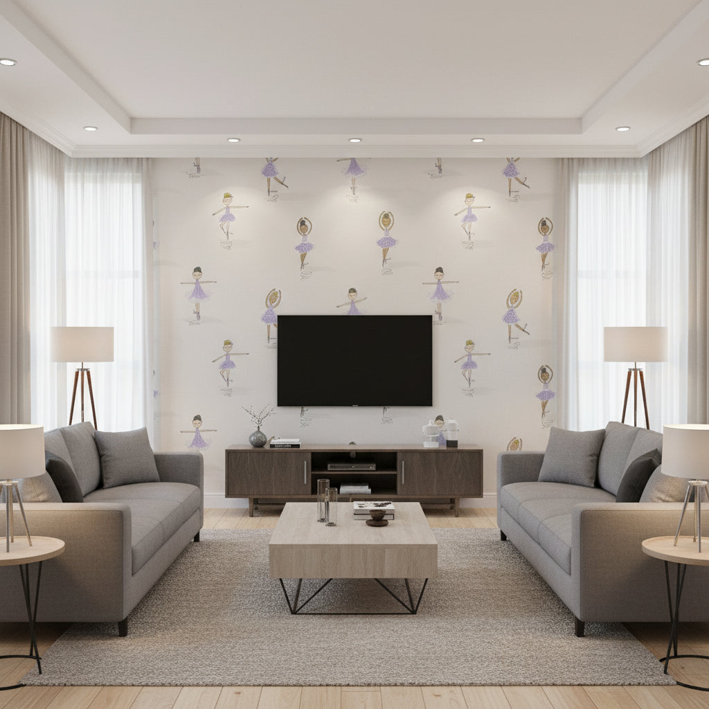 Tiny Dancers Kids/Nursery Illustration - Lilac and White | Architectural Wallcoverings - Living Room Visualization (AI-generated, may not be to scale. Verify pattern scale with product specifications.)