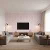Glitter Damask Kids/Nursery Damask - Bubblegum and White | Architectural Wallcoverings - Living Room Visualization (AI-generated, may not be to scale. Verify pattern scale with product specifications.)