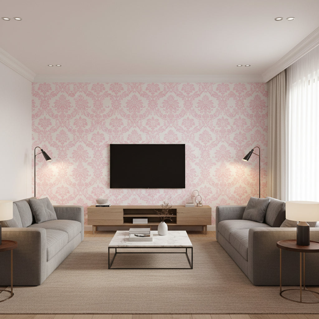 Glitter Damask Kids/Nursery Damask - Bubblegum and White | Architectural Wallcoverings - Living Room Visualization (AI-generated, may not be to scale. Verify pattern scale with product specifications.)