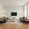 Glitter Damask Kids/Nursery Damask - Teal and White | Architectural Wallcoverings - Living Room Visualization (AI-generated, may not be to scale. Verify pattern scale with product specifications.)