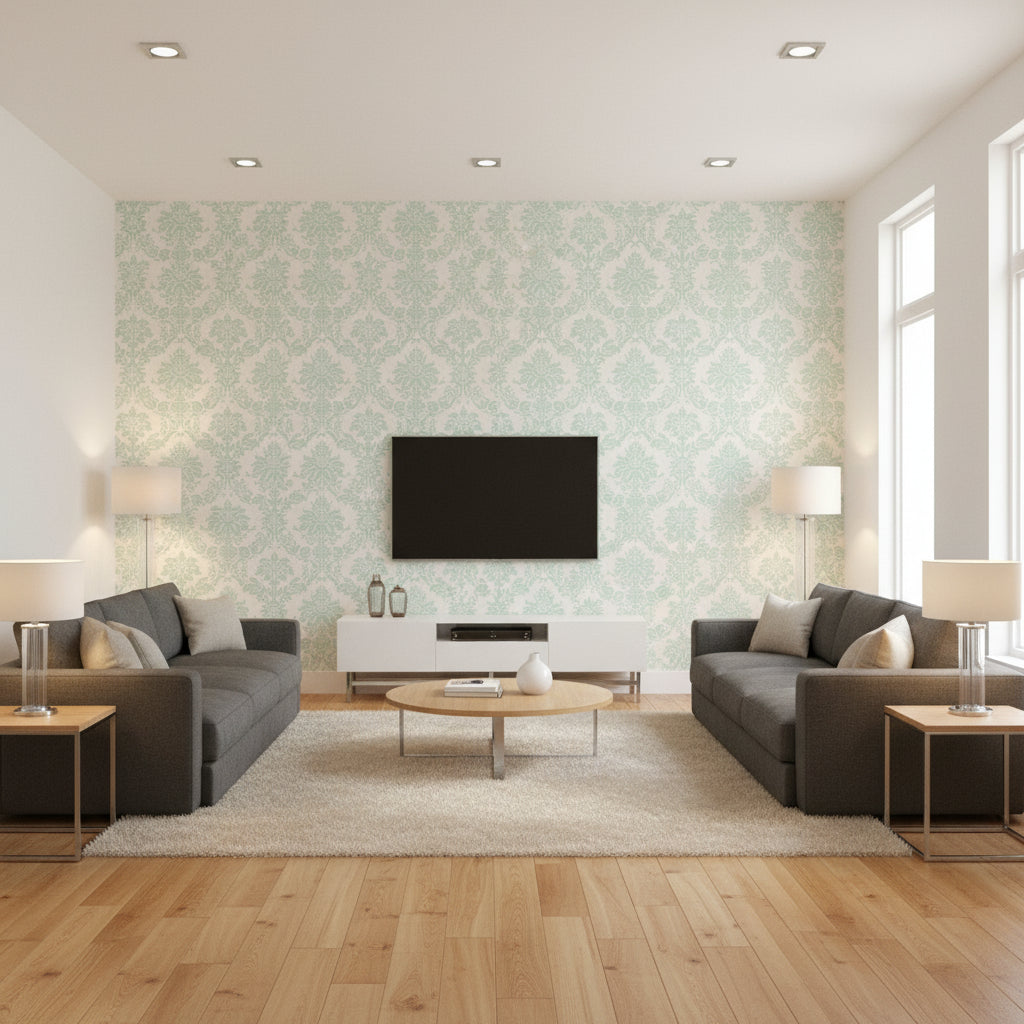 Glitter Damask Kids/Nursery Damask - Teal and White | Architectural Wallcoverings - Living Room Visualization (AI-generated, may not be to scale. Verify pattern scale with product specifications.)