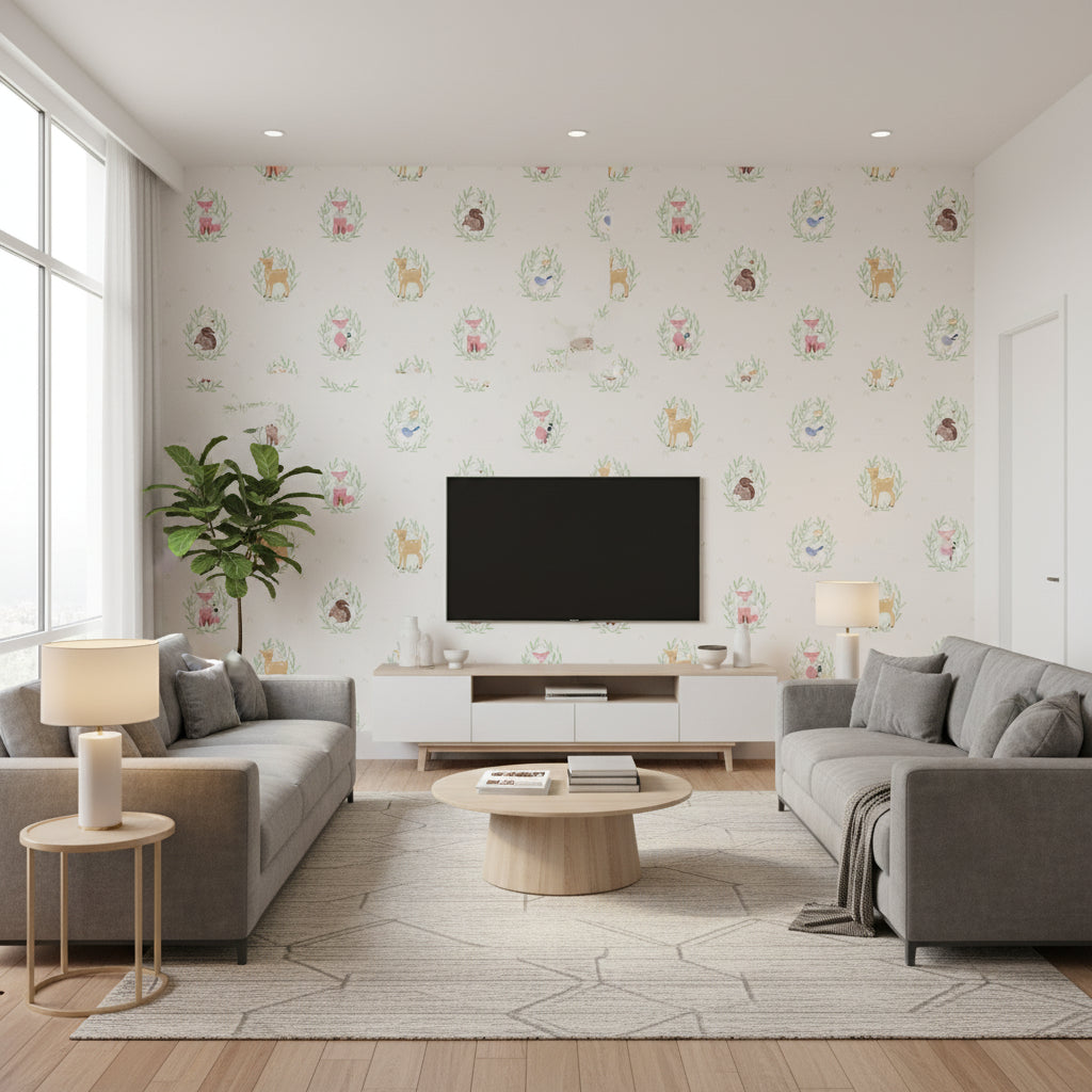 Furry Friends Kids/Nursery Animal Print - Gold, Pink, and Brown | Architectural Wallcoverings - Living Room Visualization (AI-generated, may not be to scale. Verify pattern scale with product specifications.)