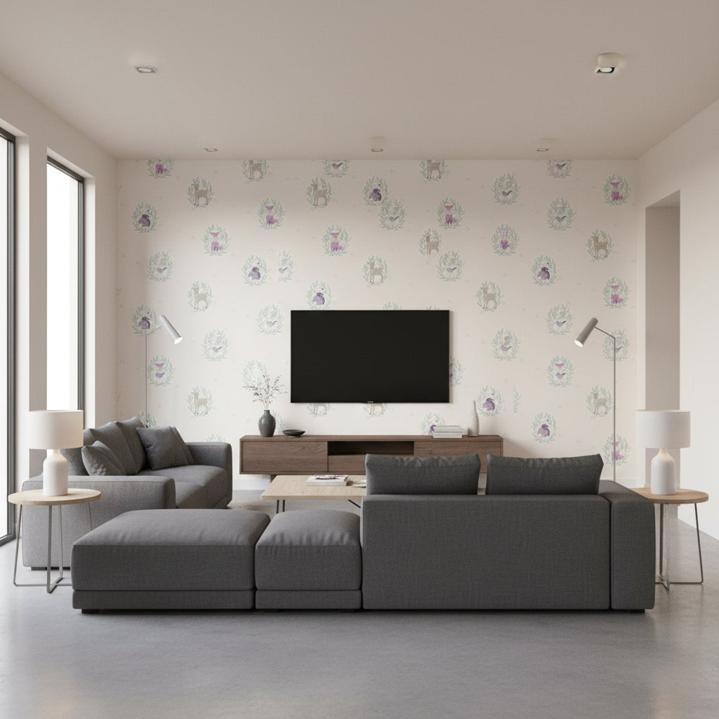 Furry Friends Kids/Nursery Animal Print - Blue, Gray, and Purple | Architectural Wallcoverings - Living Room Visualization (AI-generated, may not be to scale. Verify pattern scale with product specifications.)