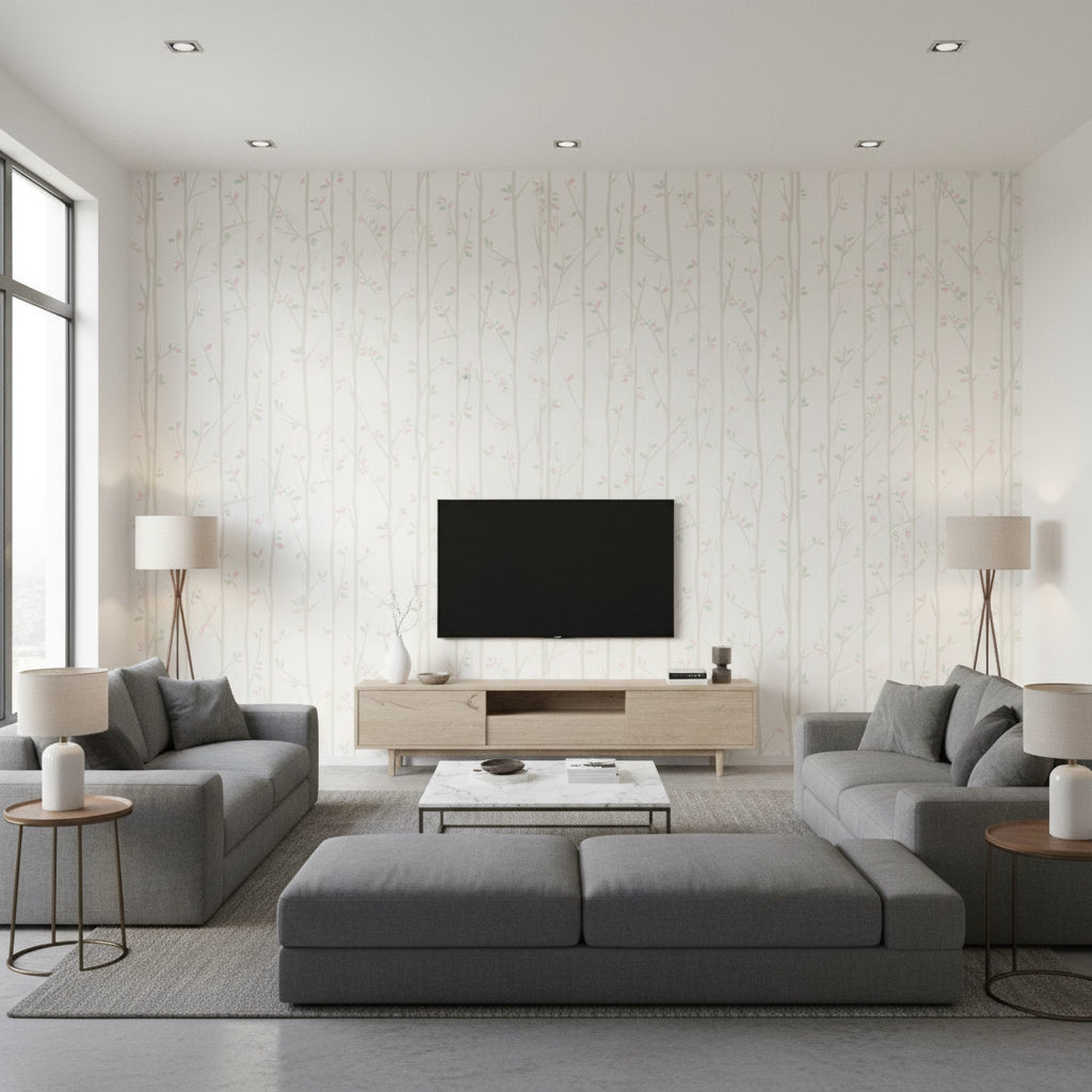 Tree Top Kids/Nursery Botanical - Gray, Mint, and Bubblegum | Architectural Wallcoverings - Living Room Visualization (AI-generated, may not be to scale. Verify pattern scale with product specifications.)