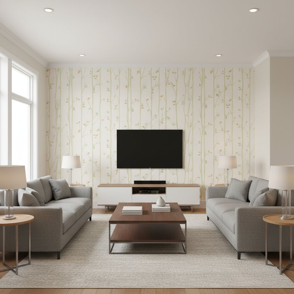 Tree Top Kids/Nursery Botanical - Tan, Moss, and Pumpkin | Architectural Wallcoverings - Living Room Visualization (AI-generated, may not be to scale. Verify pattern scale with product specifications.)
