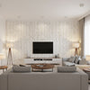 Tree Top Kids/Nursery Botanical - Gray, Lilac, and Sky Blue | Architectural Wallcoverings - Living Room Visualization (AI-generated, may not be to scale. Verify pattern scale with product specifications.)