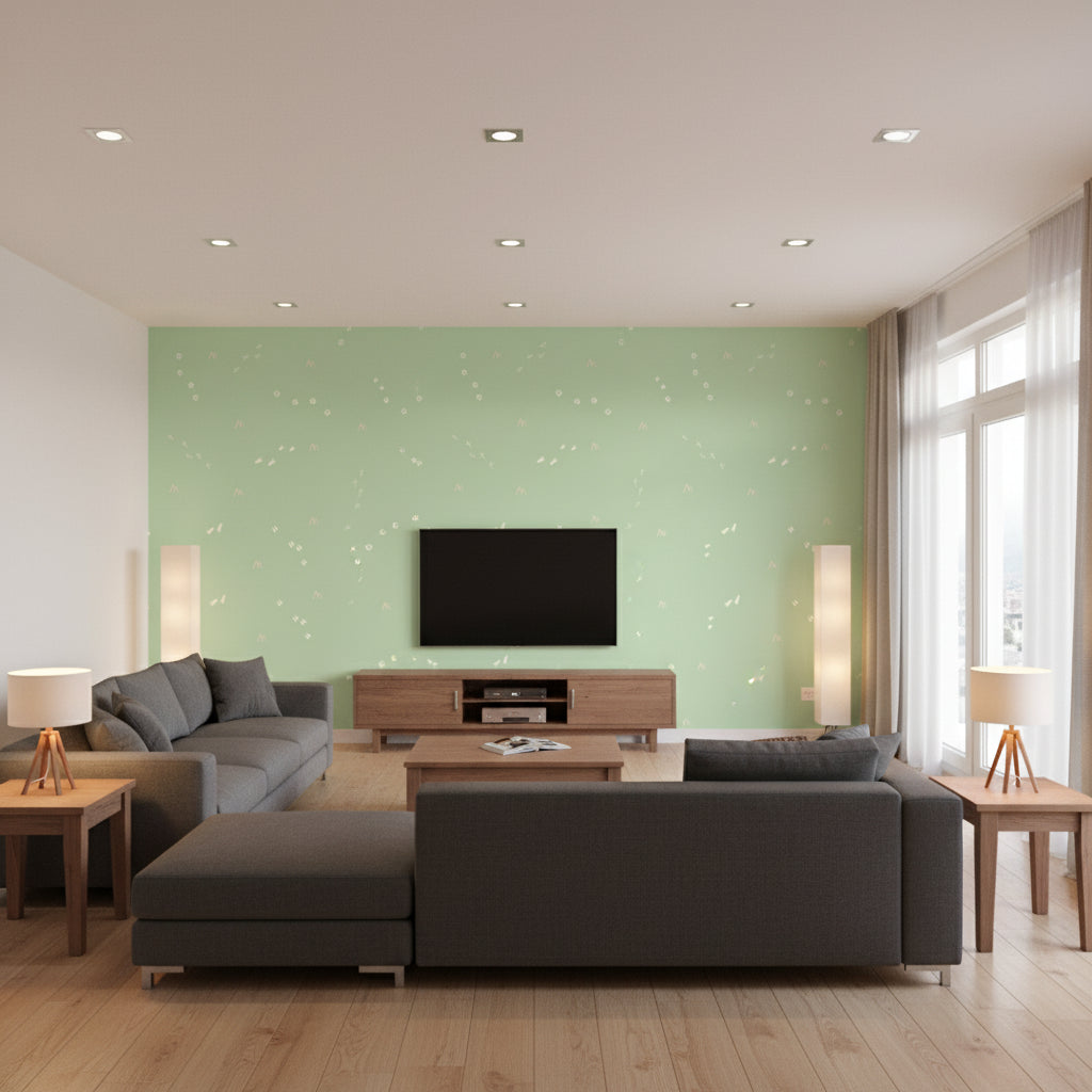 Follow the Leader Kids/Nursery Abstract - Mint and White | Architectural Wallcoverings - Living Room Visualization (AI-generated, may not be to scale. Verify pattern scale with product specifications.)