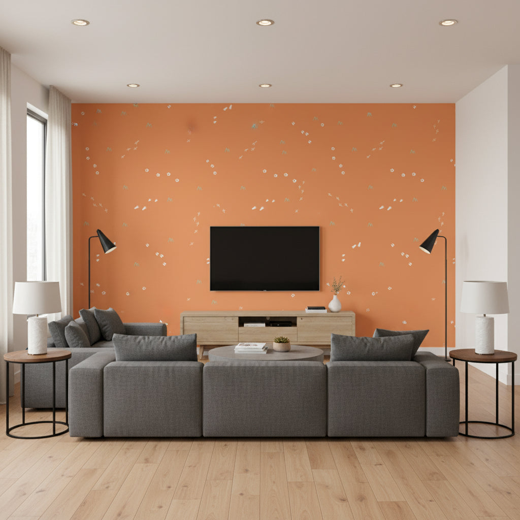 Follow the Leader Kids/Nursery Abstract - Orange and White | Architectural Wallcoverings - Living Room Visualization (AI-generated, may not be to scale. Verify pattern scale with product specifications.)